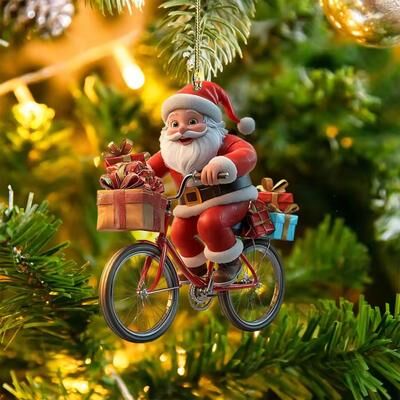 Modern Mode Marketplace Hanging Cartoon Santa, Acrylic Winter Decorative, Christmas Tree Pendants, Claus Bicycle Gifts Christmas Decoration 1