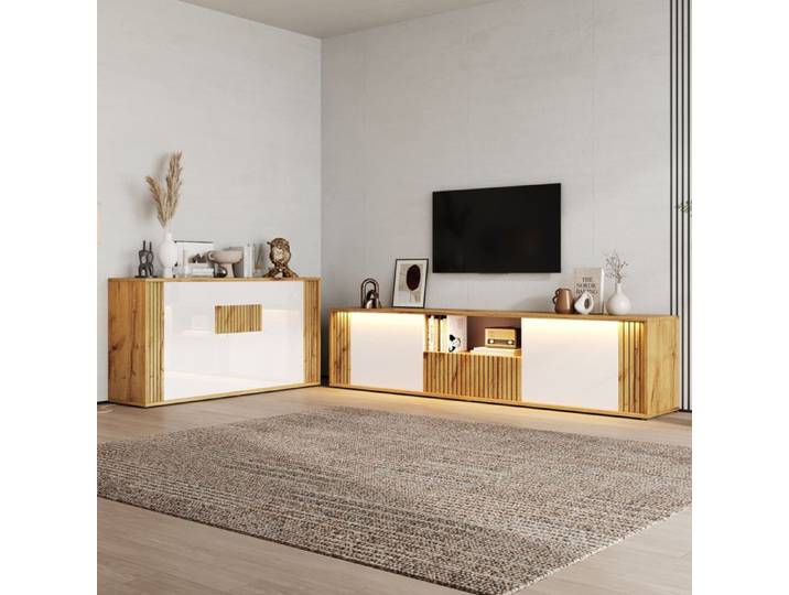 Rangement Harmonieux Ensemble Meuble TV 180cm et Buffet LED Bluetooth pour TV 75 Pouces