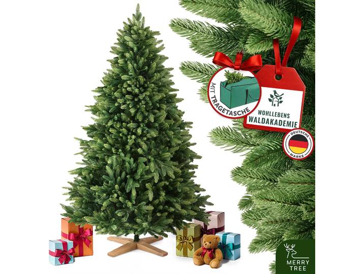 Merry Tree Luxus künstlicher Weihnachtsbaum 120cm - kleiner Weihnachtsbaum Spritzguss mit naturgetreuen PE-Nadeln und edlem Holzfuß - Kunst Tannenbaum - Christmas Tree - Christbaum PE-Spritzguss