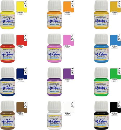 Elita Acryllack Rot, Orange, Ocker, Gelb, Grün, Blau, Dunkelblau, Lila, Rosa, Braun, Weiß, Schwarz Plastikflasche 12St.