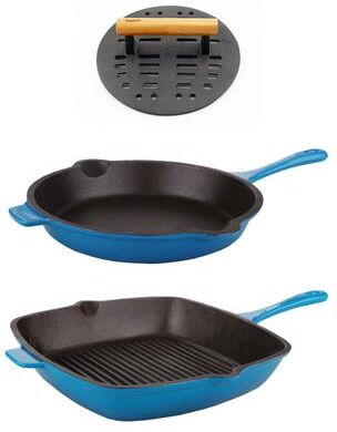 BergHOFF Neo 3pc Cast Iron Fry Pan & Grill Pan Set with Slotted Steak Press, Blue