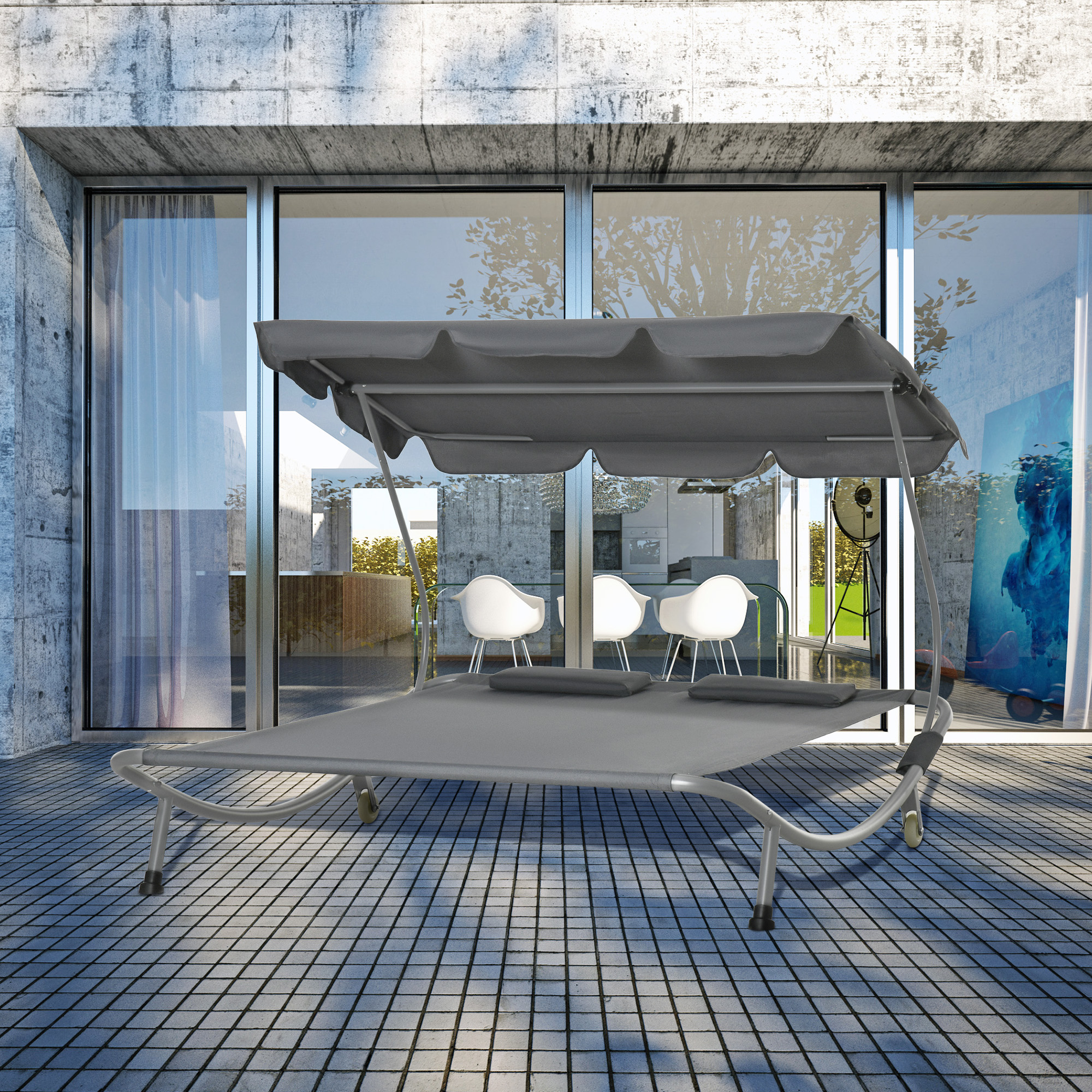 Outsunny Lettino Matrimoniale 2 Posti Prendisole Parasole Regolabile Esterno e Giardino 200x170x134cm Grigio Aosom