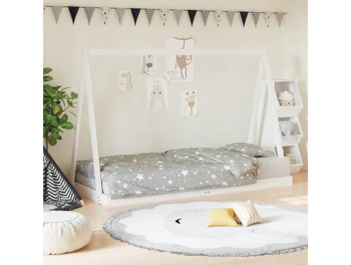 HGFDSAWE Kinderbett 90x200 cm aus massivem Kiefernholz, Tipi-Bett Weiß Rustikales Design, Bodennaher Einstieg, Inklusive Holzlatten