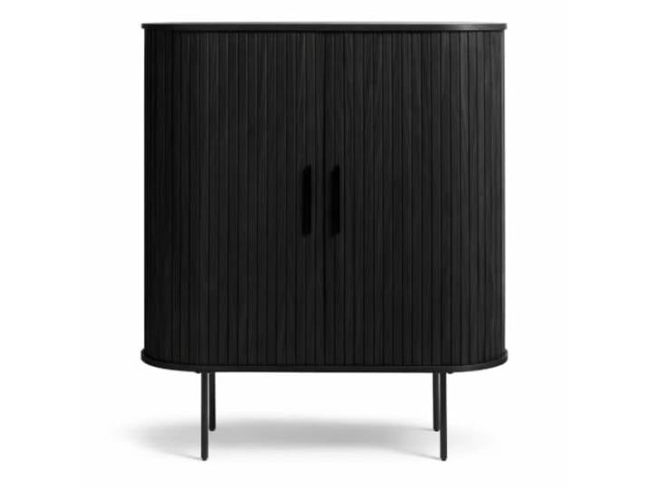 Liadomo Uriel Highboard, Schwarz, 100x118x40 cm Eiche Furnier, Lamellen-Design, Schiebetüren, moderner Retrolook, Metallakzente, zwei Einlegeböden, Metallbeine in Schwarz