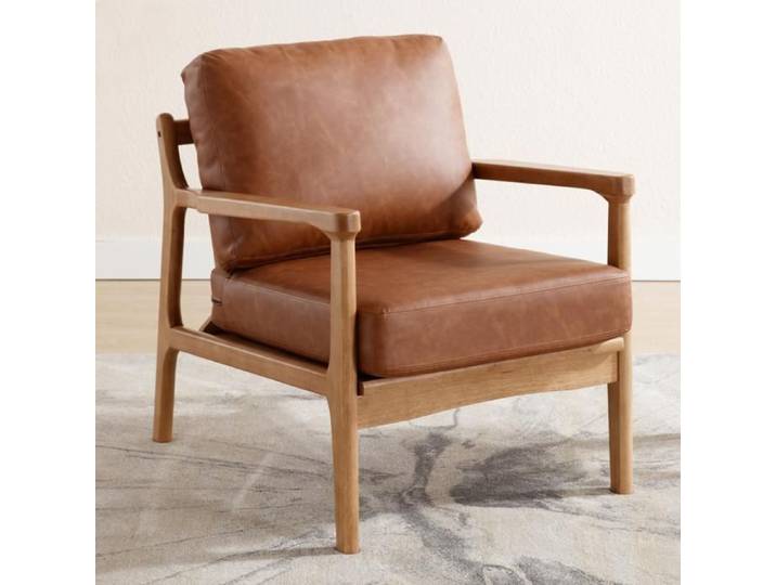 Wahson Fauteuil Salon Confortable Fauteuil Scandinave en Bois Fauteuil Cuir PU Fauteuil Loisir Moderne pour Salon Marron