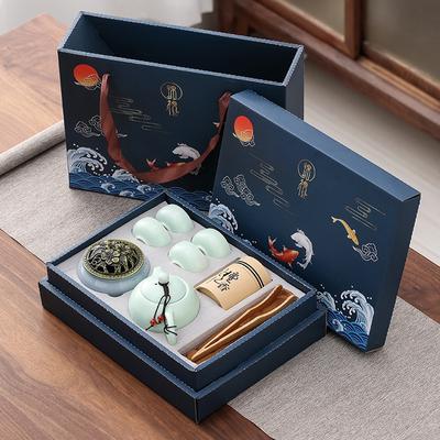 Combo Retail Shop Ceramic Tea Set One Pot, Four Cups, Sandalwood Stove With Incense Burner Gift Box For Ceremony white