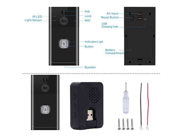 2MP 1080P Tuya APP sans fil WIFI IP sonnette IR Vision nocturne visiophone sonnette visuelle avec carillon intérieur porte d'entrée
