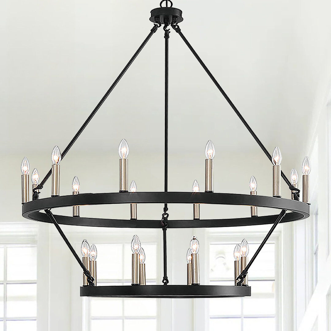 August Grove Farwell 2 Tier 20 Light Wagon Wheel Candle Style Chandelier Black/Brass
