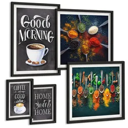 BILDER SET 5er Set - 50x50 cm & 20x30 cm & 40x60 cm Schwarzer Rahmen - Gewürze, Kaffee, Tasse, Kräuter