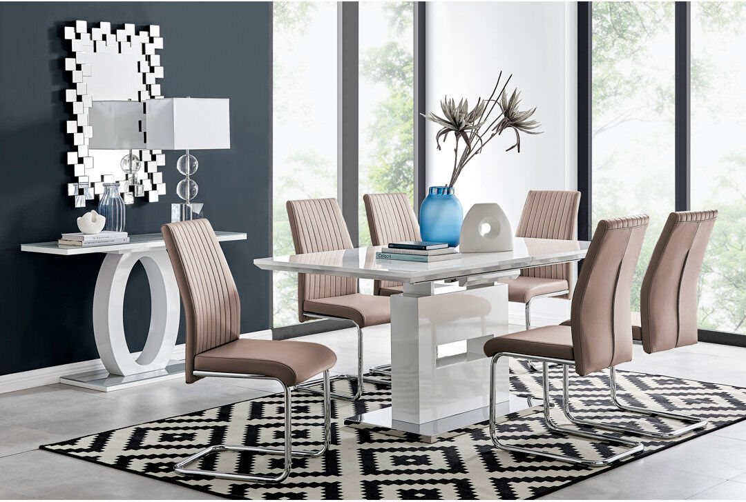 Canora Grey Alezzo Modern High Gloss Extendable Dining Table Set with 6 Upholstered Faux Leather Dining Chairs Cappuccino 6