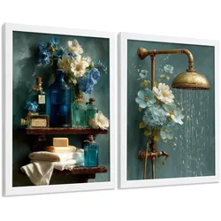 POSTER 2er-Set dekorative Badezimmer-Wandbilder, ästhetische Dusche und WC, Badezimmerdekoration mit Blumen Flaschen und Dusche Weißer Rahmen A4