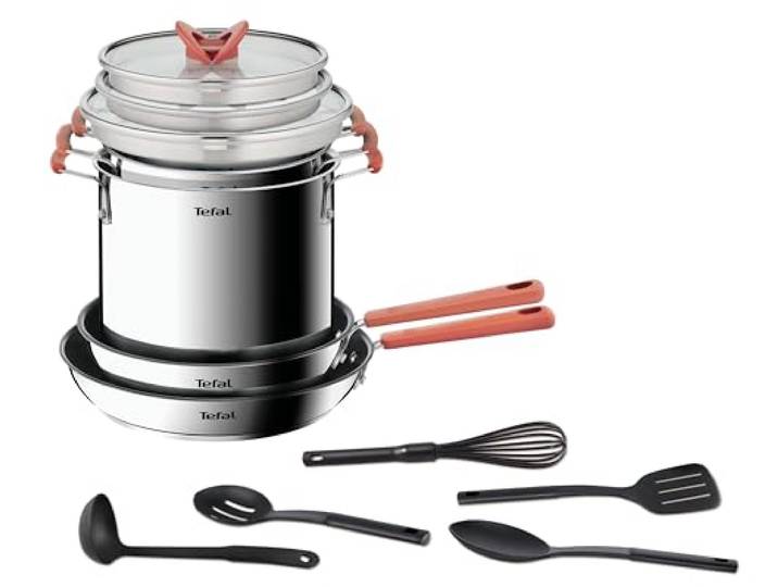 Tefal G721SD Opti'Space 13-teiliges Topf-, Pfannen- und Küchenhelferset Premium Edelstahl 18/10 Induktion stapelbares Set Messskala Antihaftversiegelung rutschfeste Griffe Silber