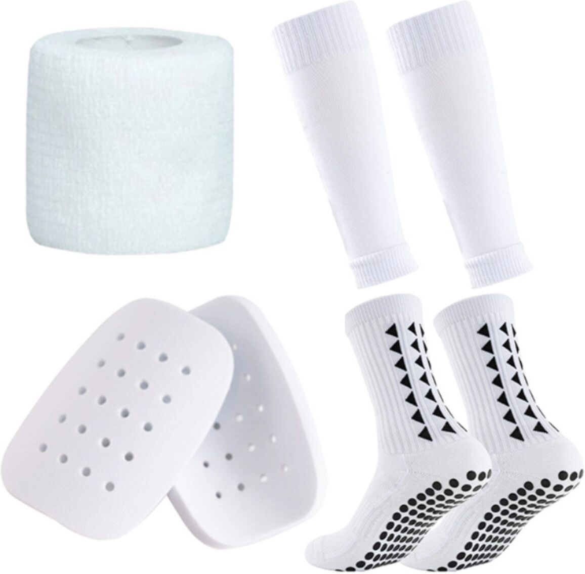 INF Vierlagiges Schienbeinschoner-Set mit Riemen und Einschub-Ärmel – 360° Anti-Rutsch-Schutz, Polyester-Komfort Weiß