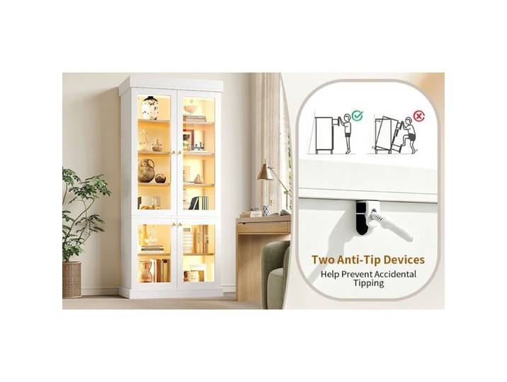Vitrine haute blanche 160 x 40 x 180 cm avec 4 portes vitre es LED integrees etageres aspect bois et anti-basculement