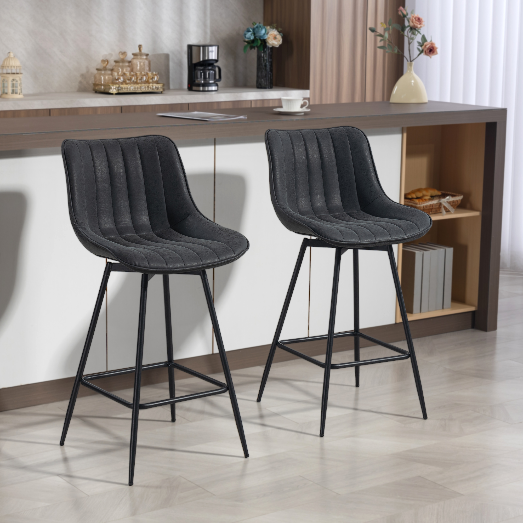 Homcom Set di 2 Sgabelli da Bar, Sgabelli Girevoli da Bancone con Schienale per Isola Cucina, Sala da Pranzo, Nero   Aosom Italy