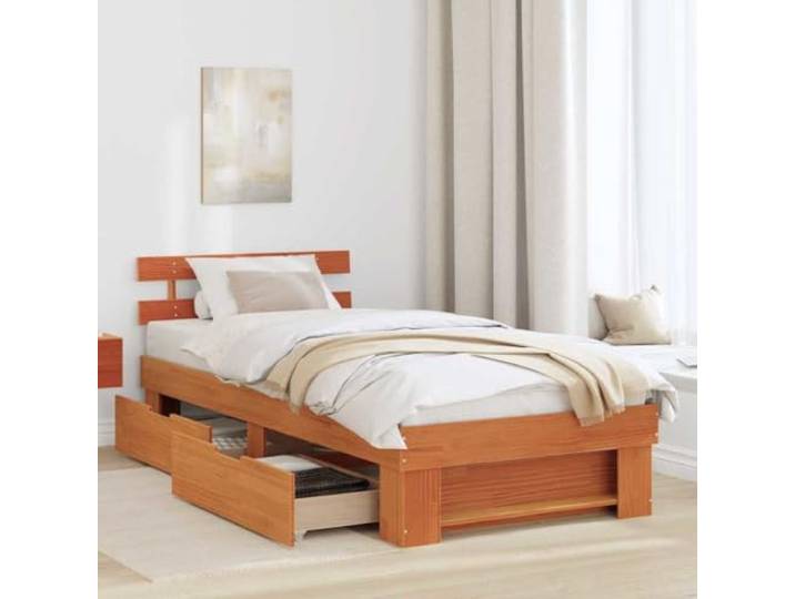 KTHLBRH Bett aus massiver Kiefer braun gewachst 75 x 190 cm Mit Schubladen, Höhe 31 cm, Lattenrostrahmen, leicht zu reinigen, maximale Belastung 100 kg