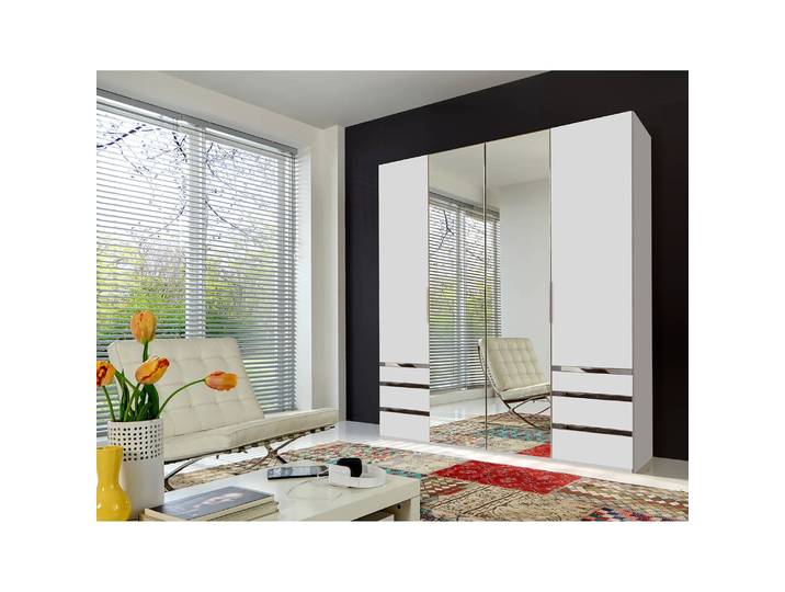 Drehtürenschrank Level 36A 200 x 236cm Weiß/Alpinweiß mit Spiegeltür/-en