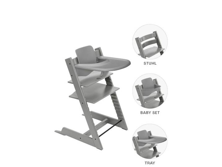 Stokke Hochstuhl-Set, Hellgrau, Holz, Buche, 46x79x49 cm, Fussstütze verstellbar, Sitzfläche verstellbar, höhenverstellbar, Tablett, Snacktablett, Baby- und Kindermöbel, Babyzimmer, Hochstuhl