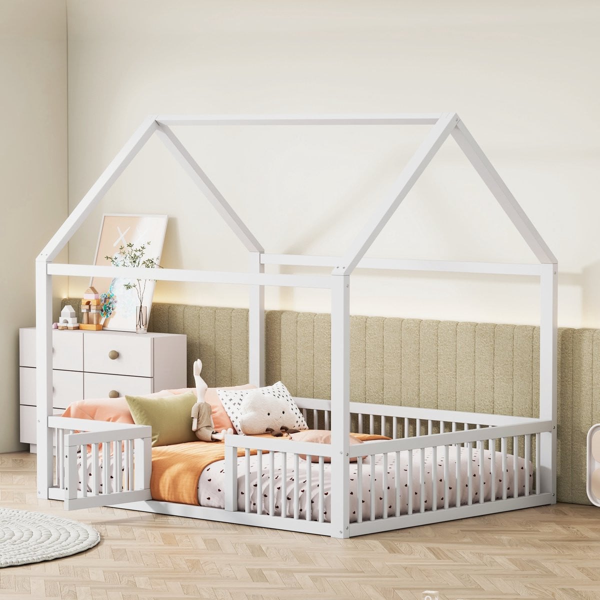 Sweiko Kinderbed Huisbed van Massief Hout met Deur, Wit, B/D/H: 140 x 200 cm