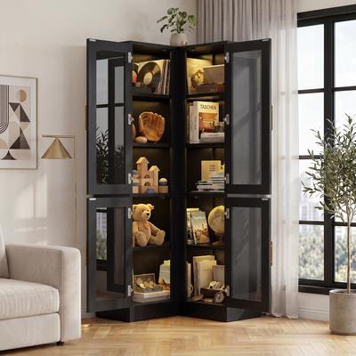 Rackcog Corner Display Bookcase with Glass Door, Space-Saving Kitchen Pantry Organizer with LED Lights