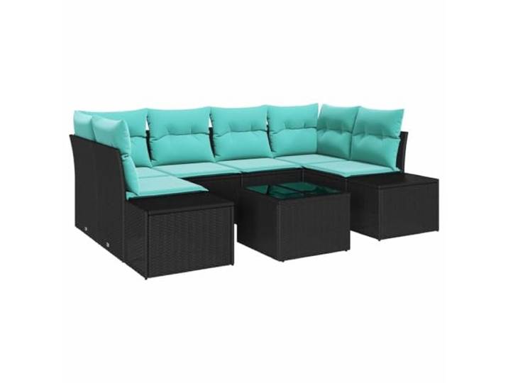 KTHLBRH Gartenmöbel-Set, 8-teilig, Poly-Rattan, Schwarz und Türkis, mit Modulare Sessel, variable Tischhöhe, gepolsterte Sitze abnehmbar, Aufbewahrungsfächer, lackierter Stahl, Tischplatte