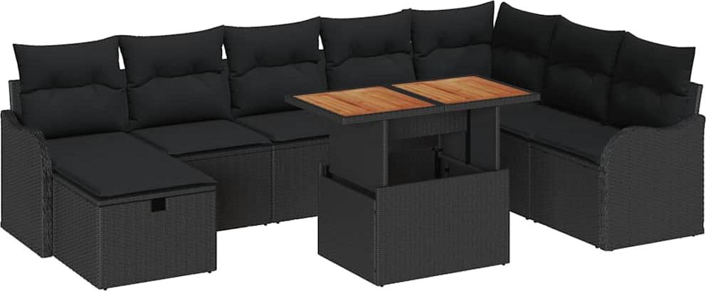 Gartenmöbel-Set, modular mit Stauraum, Poly-Rattan Schwarz, höhenverstellbarer Akazientisch, UV- & wetterfest, 8 Sitzplätze, 9-teilig