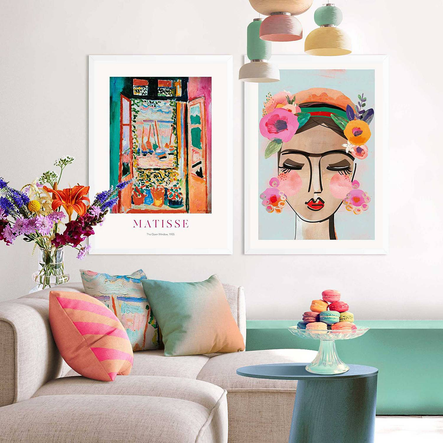home24 Modern Portrait Kunstdruk-set, 2-delige abstracte ingelijste houten afbeelding, multicolor