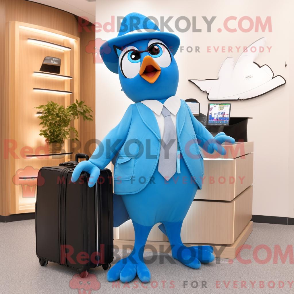 Maskottchenfigur REDBROKOLY eines blaugrünen Eichelhähers mit Culotte und Aktentasche
