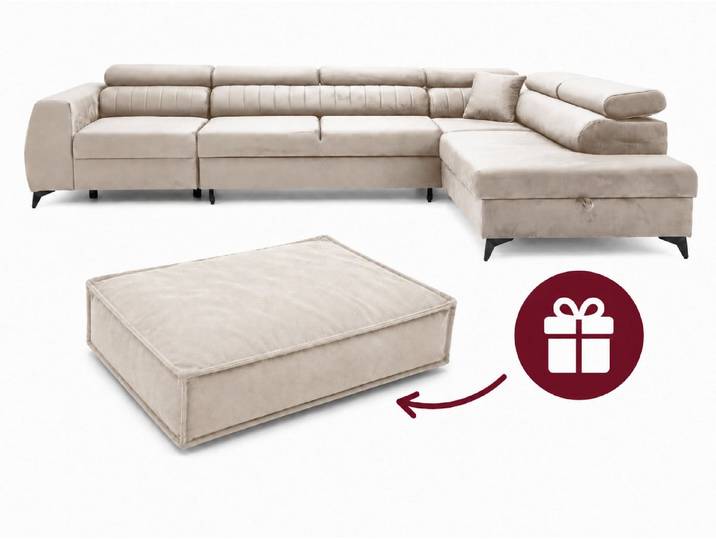 Muffo Ecksofa PIERO MAXI + Haustierbett in der Farbe des Möbelstücks GRATIS, mit Schlaffunktion und Bettkasten, Verstellbare Kopfstützen