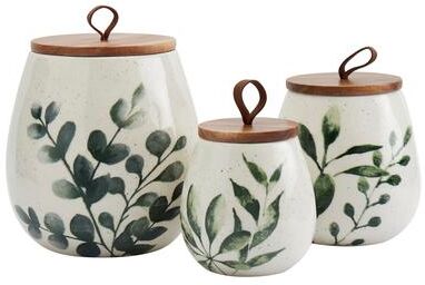 Tabletops Gallery 3PC Green Leaf Canisters with Acacia Wood Lid