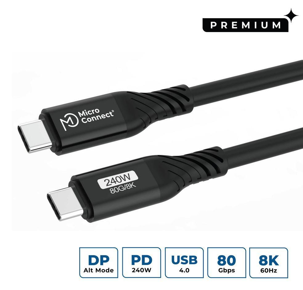 MicroConnect USB4 USB-C naar USB-C kabel, USB4 Gen 3x2, 80Gbps, 240W, 1 meter, zwart