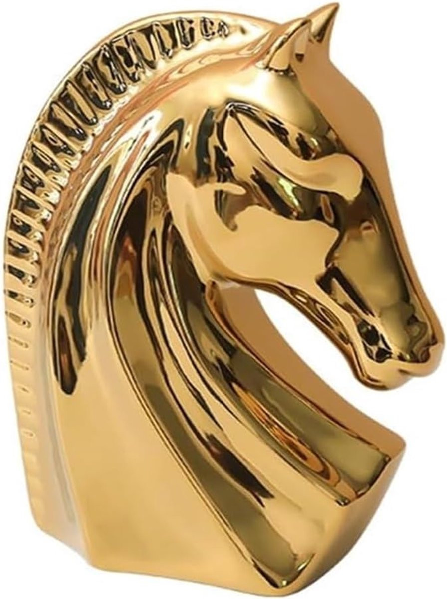 Goudkleurig Paardenkop Beeld - Keramiek Sculptuur voor op Tafel - Abstracte Kunst voor Huisdecoratie