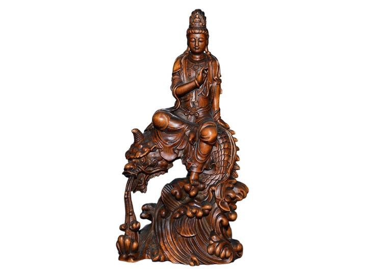 Sculpture en buis chinois Guanyin Kwan Yin Dragon, Sculpture sculptée en bois, Statue bouddhiste, ornement mercinel, meuble Tv