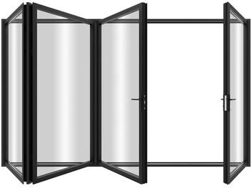 "KaMic Elite-Fold 120"" x 80"" 4-Panel Aluminum Folding Door in Black with Hidden Hinges & Rollers, Folded Out From Left To Right"