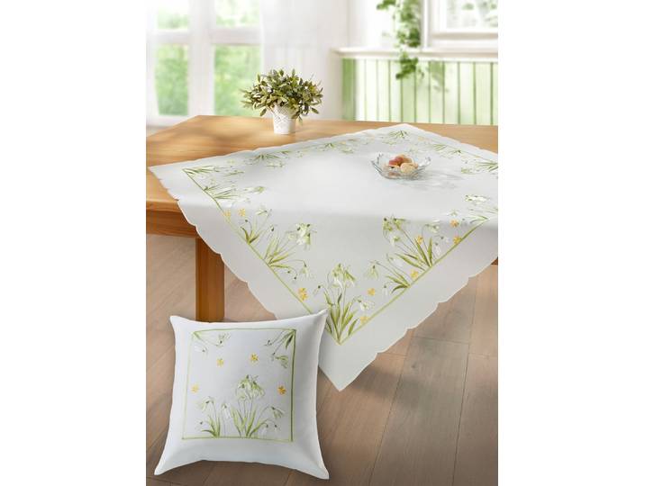 Bestickte Tisch- und Raumdekoration mit Schneeglöckchen-Dessin, Sekt-Bunt, Größe 185 (Tischdecke, 85/ 85 cm)