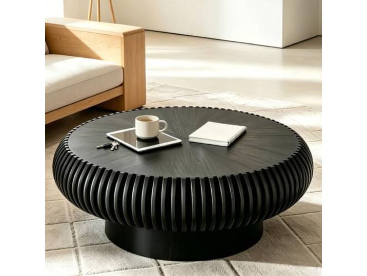 WUPDPQS 31 Runder Trommel Holz Geriffelter Couchtisch für Wohnzimmer, Holzfurnier Tischplatte & Basis, Handgefertigt Massivholzrillen, Modern Runde Kaffeetisch Für kleine Räume