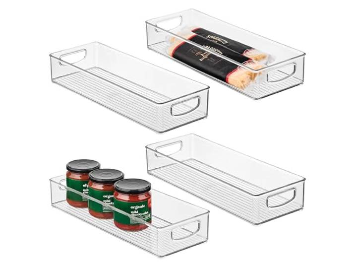 iDesign Dünner, extra langer transparenter Aufbewahrungsbehälter, 4 Stück Schmal, stapelbar, Küchen- oder Speisekammer-Organizer
