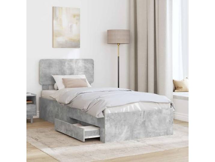SKTQYQO Bett grau Beton 90 x 190 cm mit Schubladen Technisches Holz, Lattenrost, minimalistisches Design, einfache Montage