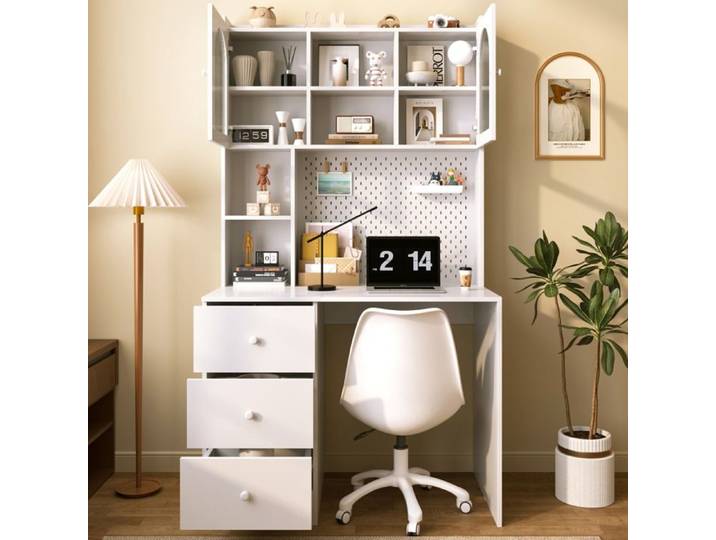 WUVRIE Bureau multifonction avec armoire intégrée 100 x 55 x 180 cm MDF blanc 3 tiroirs