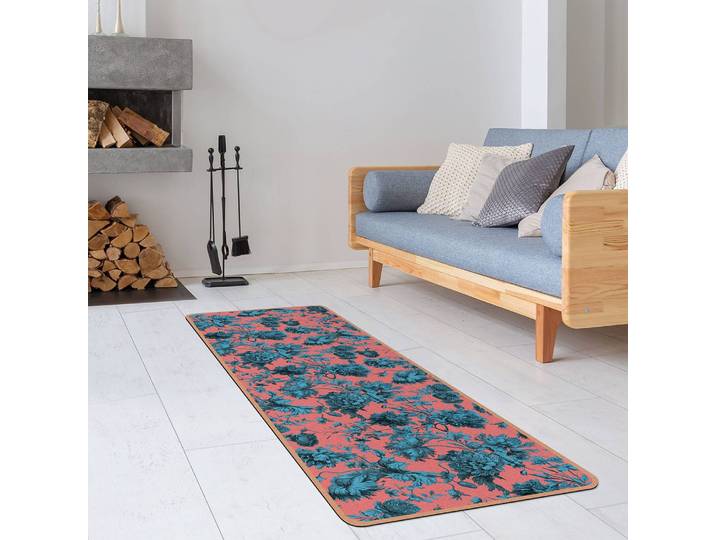 Läufer/Yogamatte Floraler Kupferstich 183 x 61cm Türkis/Blau