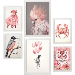 POSTER Set Mit 6 Rosa Tiere A3 & A4 Weißer Rahmen