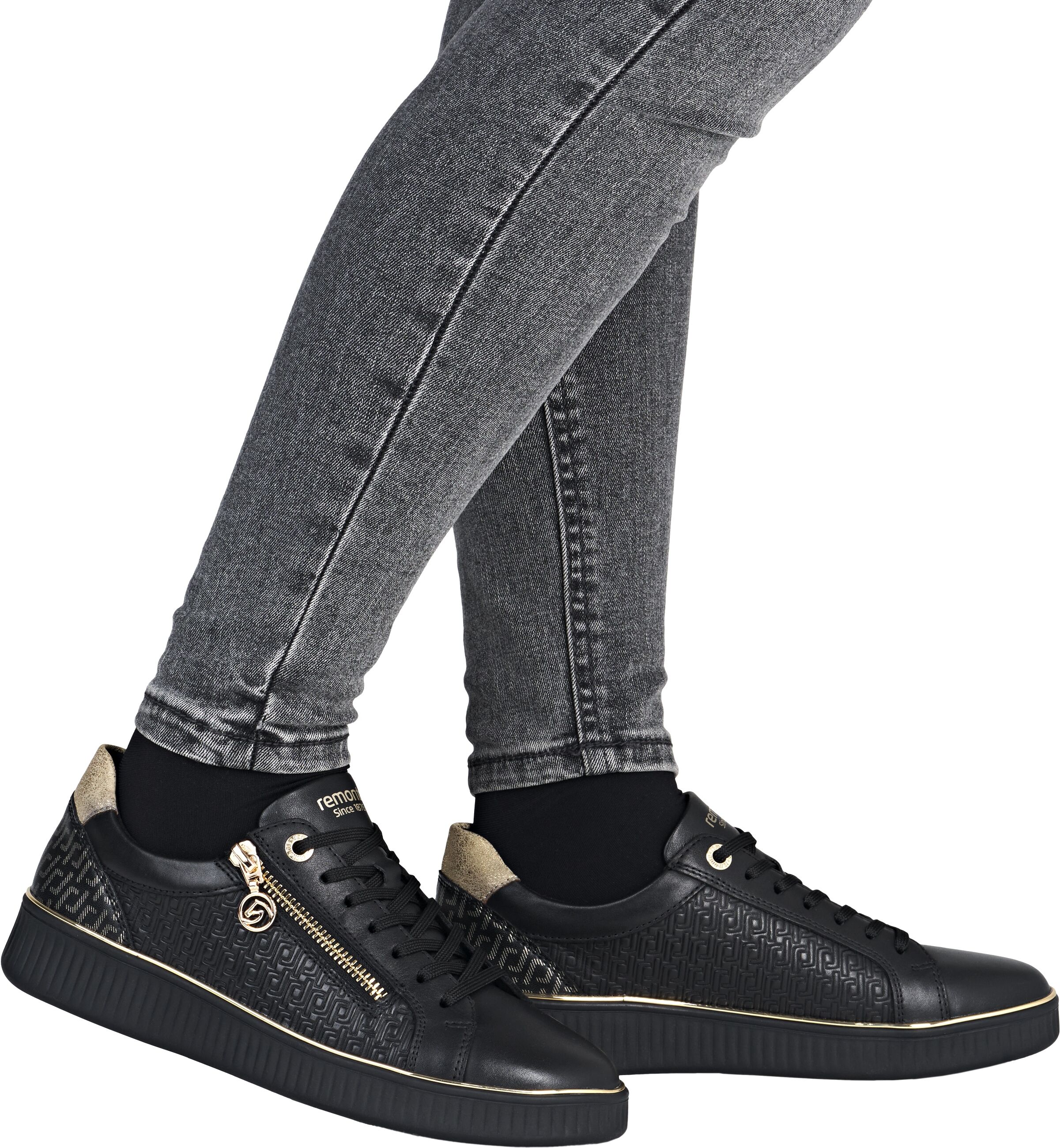 Plateausneaker REMONTE "Elisabeth Hurley-Collection", Damen, Gr. 41, Textil, gold (schwarz, goldfarben), Leder, Lederimitat, kontrastfarbene Details, Schuhe Plateausneaker, Schnürschuh, Halbschuh, Freizeitschuh mit Lite´n Soft Ausstattung