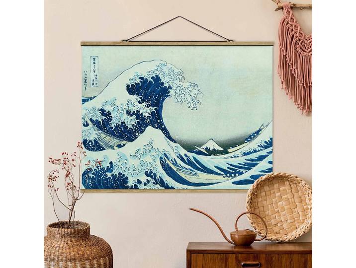 Stoffbild Die grosse Welle von Kanagawa Webstoff Blau 50 x 38cm