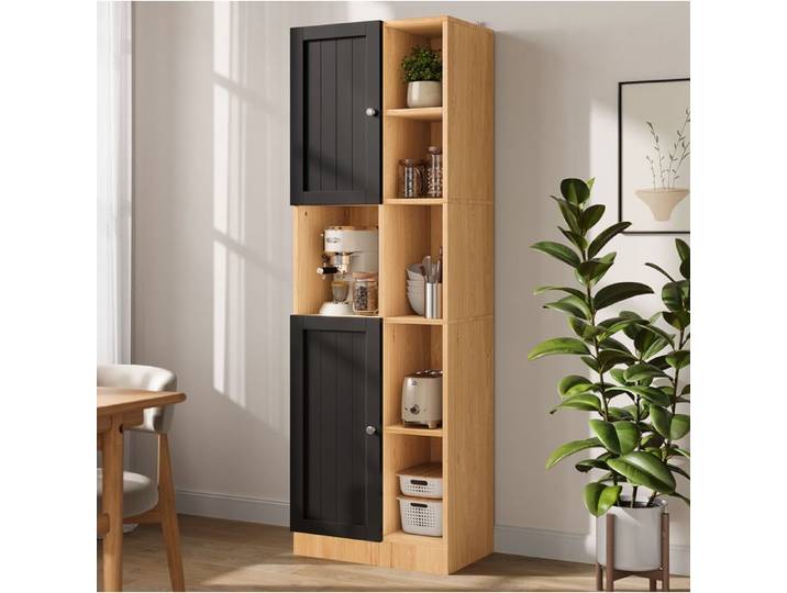 Meuble colonne d'angle cuisine IVMEU 6 étagères ouvertes 2 portes étagères réglables MDF noir et naturel