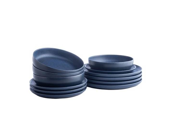 Porto by Stone Lain Macchio 12-teiliges Premium-Küchen- & Essgeschirr-Set aus Steingut, blau-matt, hergestellt in Portugal, spülmaschinen- und mikrowellengeeignet, kratzfestes Geschirrset für 4