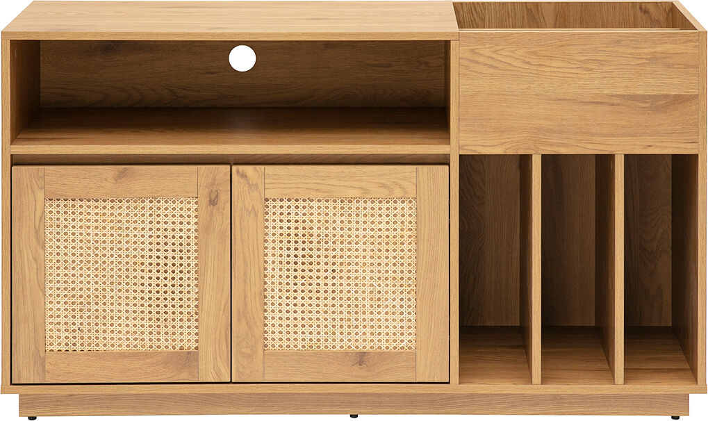 Miliboo Schallplatten-Aufbewahrungsbuffet in heller Eichenholzoptik und Rattangeflecht L130 cm ALICANTE