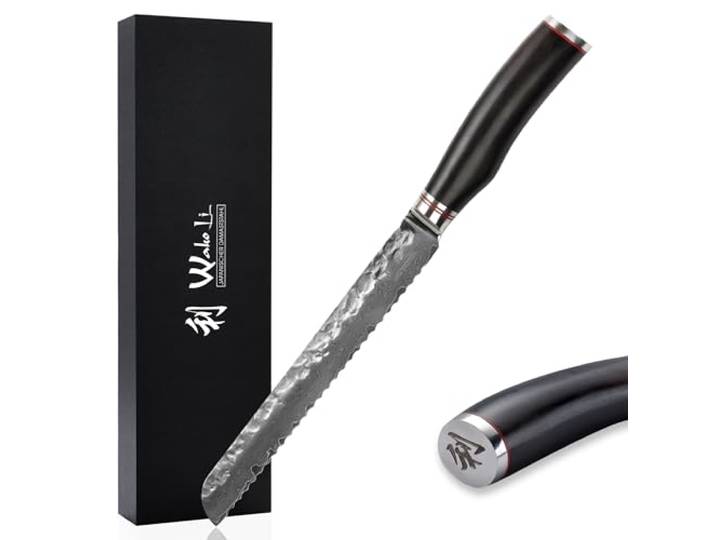 Wakoli EBO Brotmesser 20 cm, 67 Lagen Damaststahl, VG10 Kern, Wellenschliff Schwarzer Eichenholzgriff, Hammerschlag, einseitiger 15° Anschliff, 60 ± 2 HRC, für Brot und feste Krusten, inkl. Geschenkbox