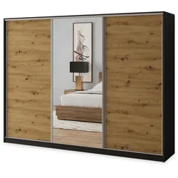 SCHWEBETÜRENSCHRANK SORE 270/205/58 cm 3-türig mit Spiegel und 4 Schubladen Schwarz