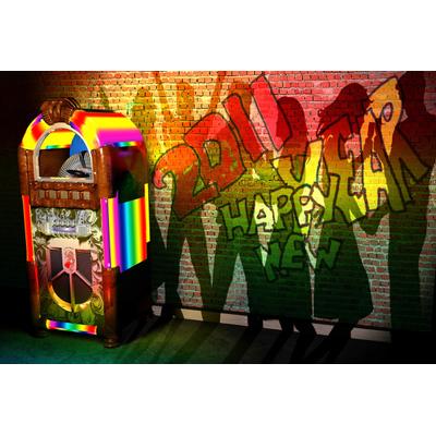 Fototapete PAPERMOON "Jukebox mit Graffiti", bunt, B:4,5m L:2,8m, Vlies, Tapeten