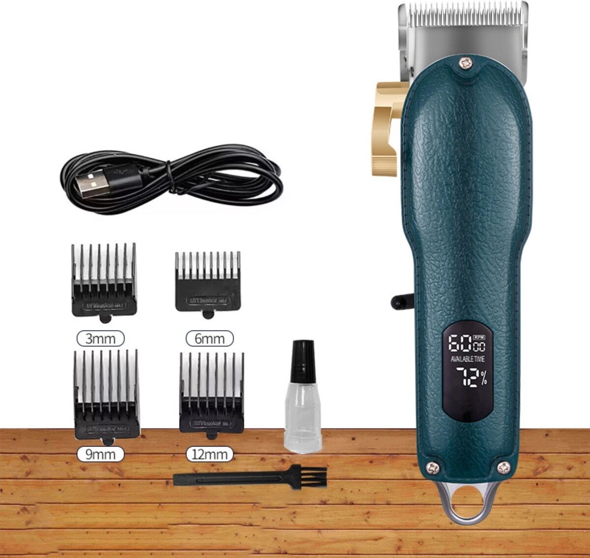 INF Elektrischer Haarschneider mit selbstschärfender Edelstahlschneide, 4‑Stufen-Verstellung, LCD und globaler Blau